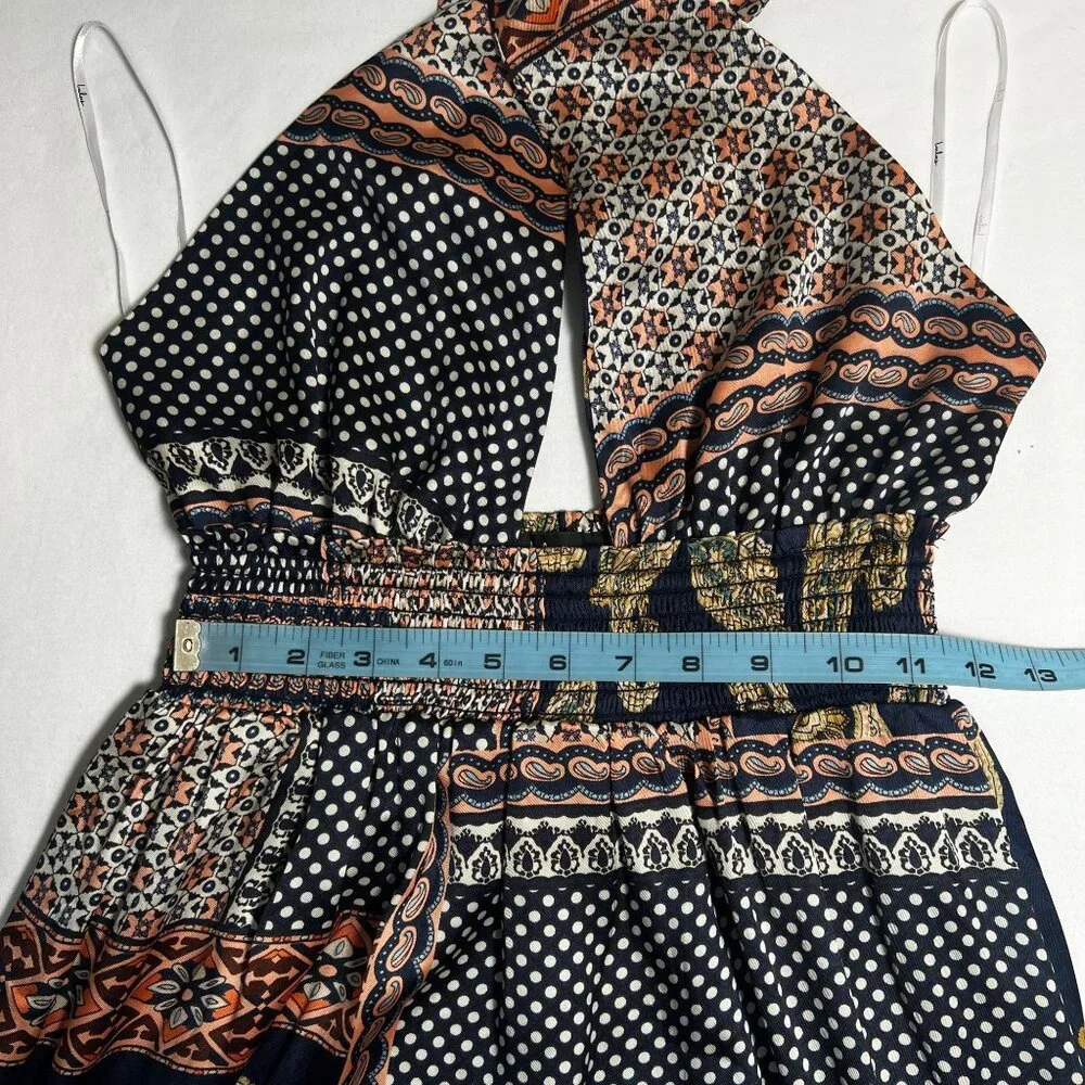Lulus Trendy Travels Halter Maxi Dress Navy Blue Multi Patchwork Scarf Print S